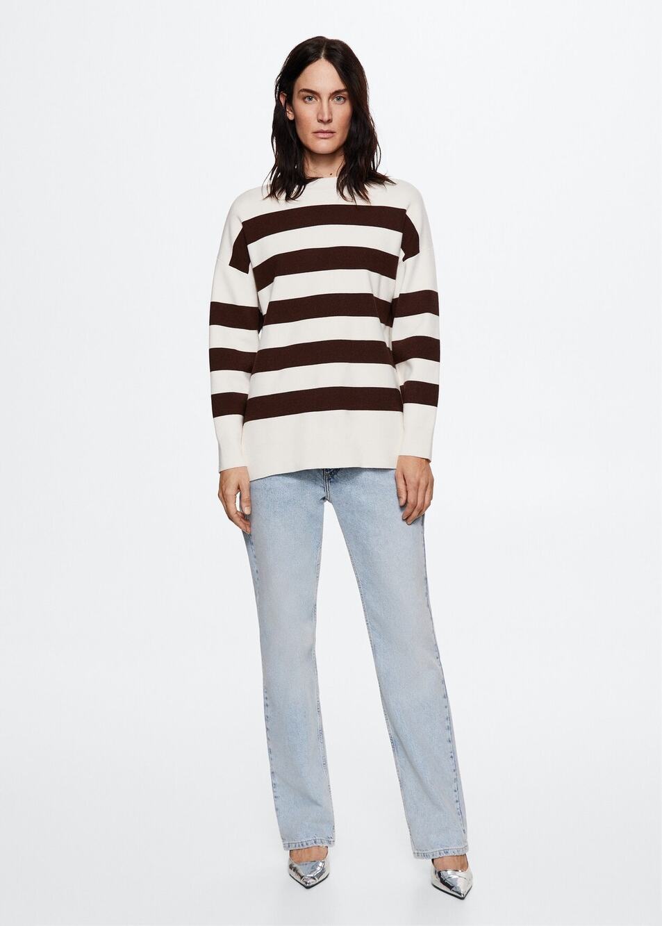 MNG Women's Cream Brown Striped Mock Neck Oversized Pullover Sweater Size L